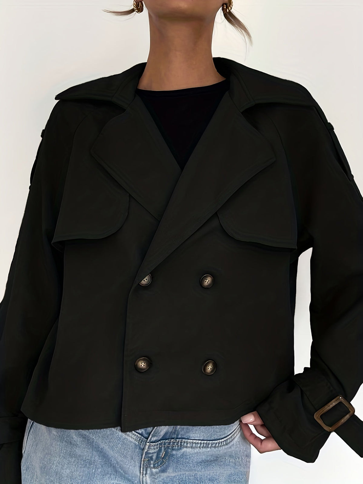 Women's Short Solid Color Trench Coat — Adjustable Button Drawstring, Clean Silhouette