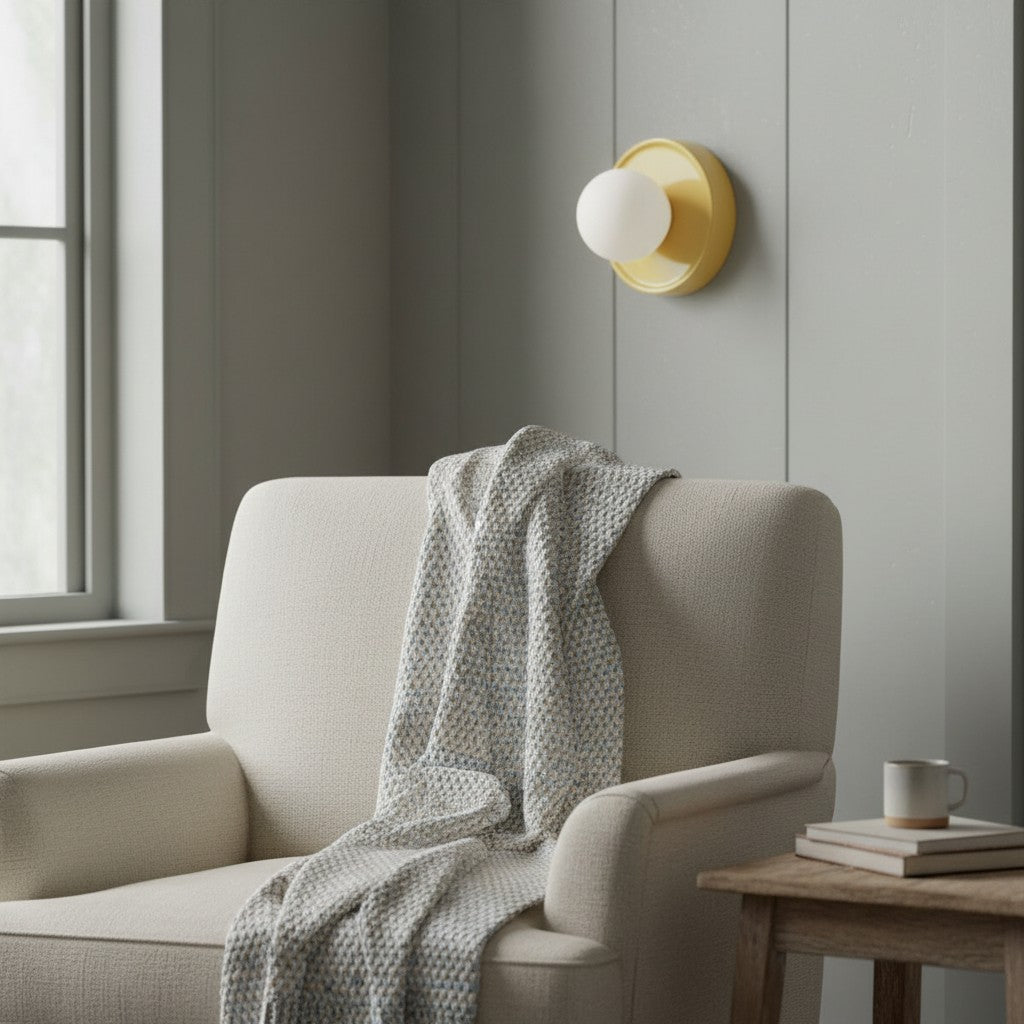 Solna Minimalist Round Glass Wall Sconce with Ceramic Base for Bedroom and Hallway | Souliia