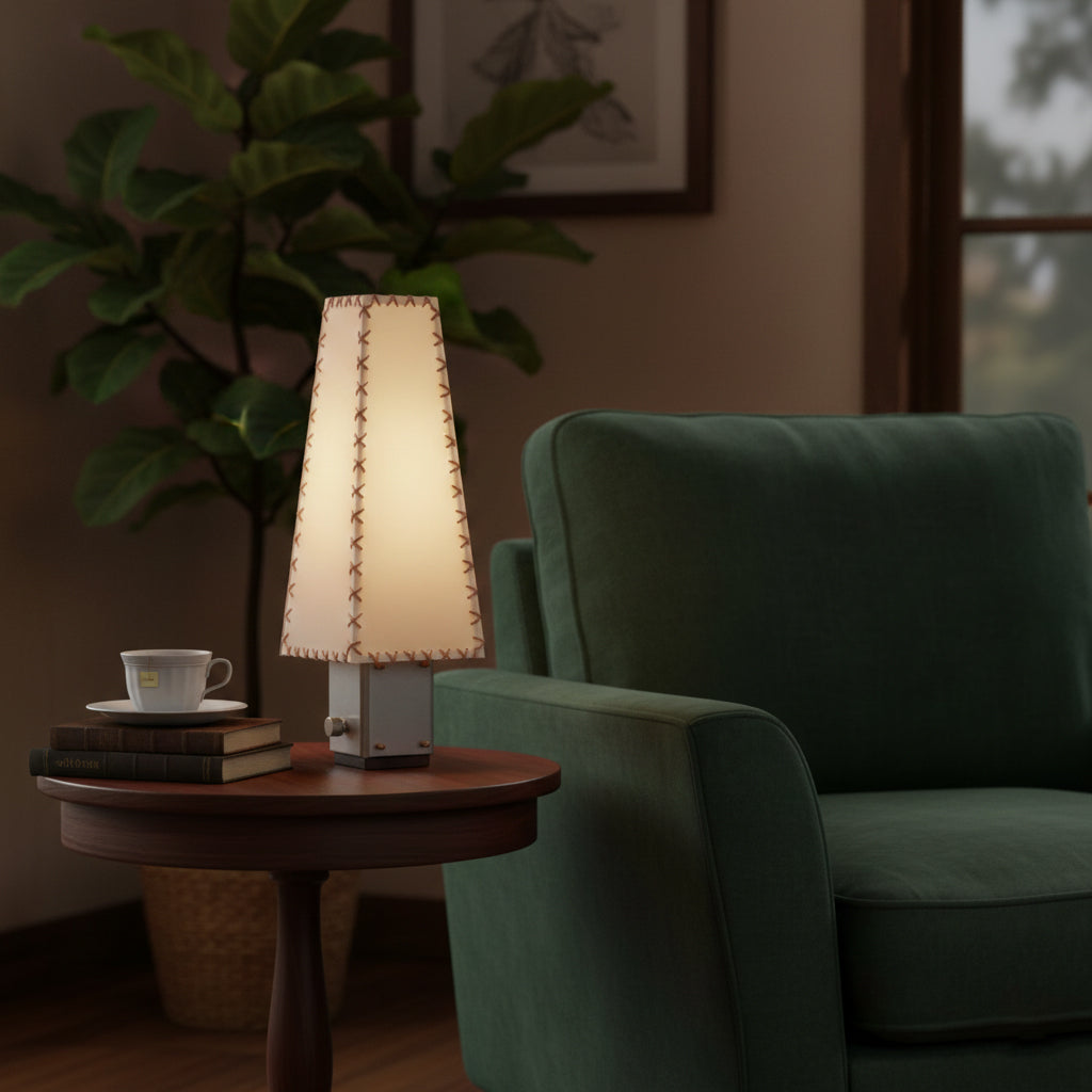 Modern Geometric Metal Table Lamp – Parchment Shade for Bedroom Nightstand Lighting | Souliia
