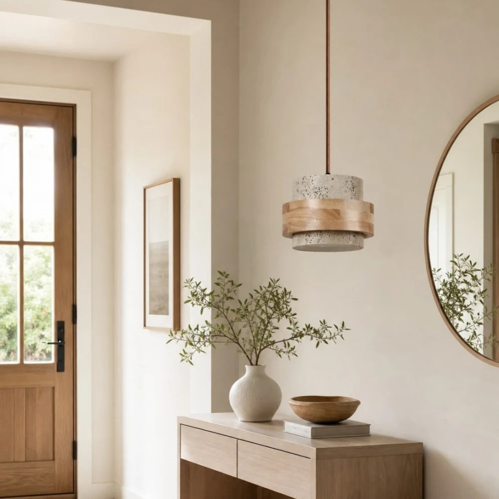 Travertine Stone and Wood Pendant Lamp | Souliia