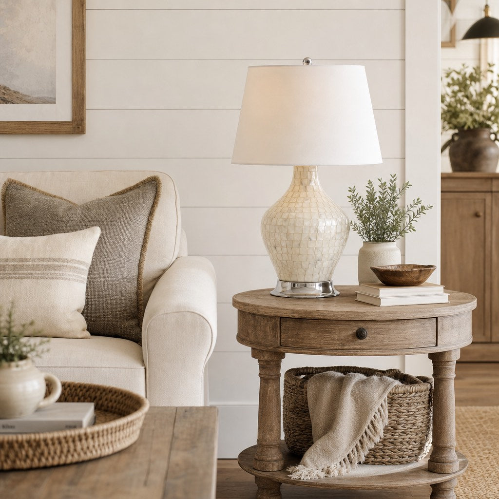 Soft Shade Crafted Table Lamp with Coastal Farmhouse Style for Living Room Decor | Souliia