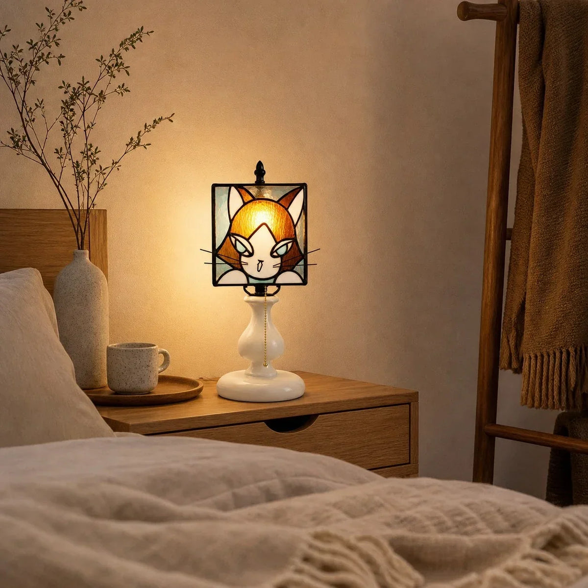 Finurlig bordlampe i farvet glas med kattemotiv | Souliia