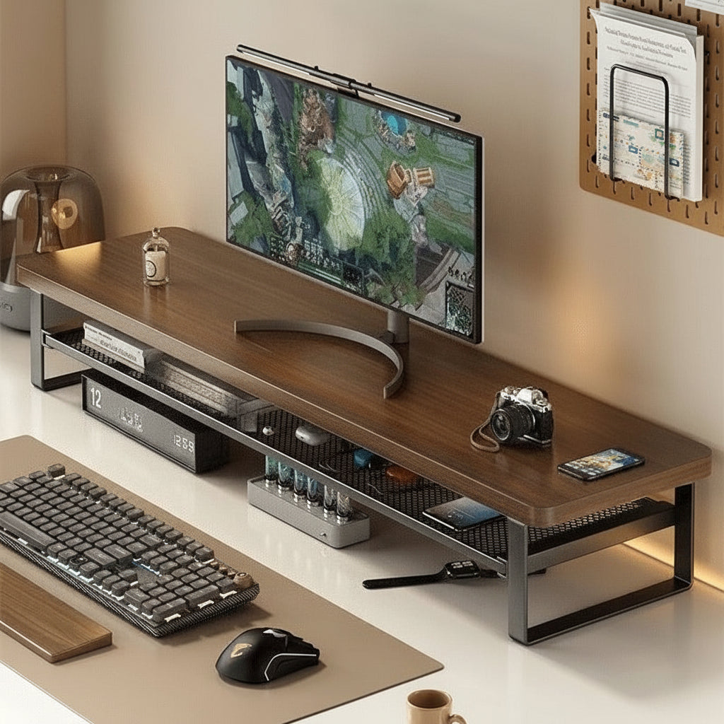 Monostand Dual-Tier Computer Stand — Raised Monitor Platform and Compact Storage Drawer