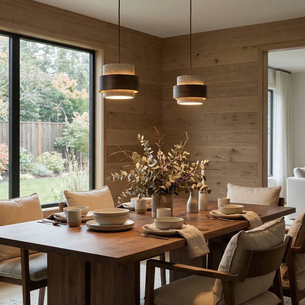 Travertin Holz Pendelleuchte - Moderne organische Hängeleuchte für Wohnzimmer | Souliia