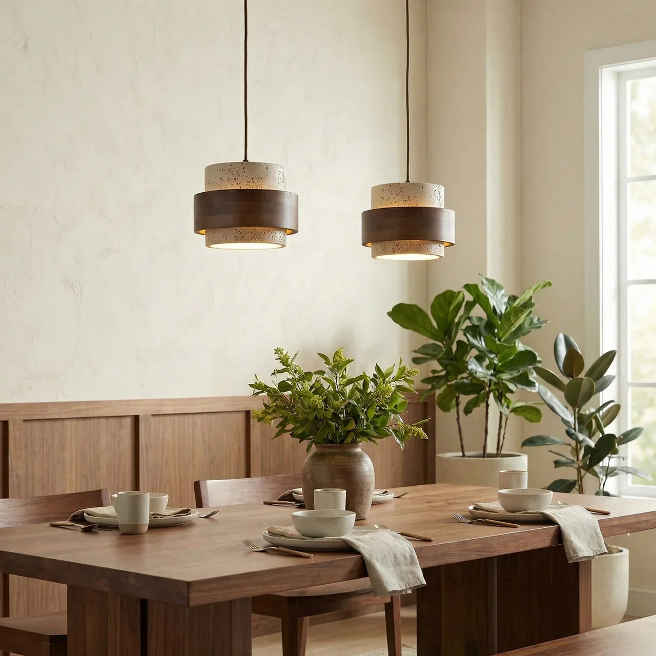 Travertin Holz Pendelleuchte - Moderne organische Hängeleuchte für Wohnzimmer | Souliia