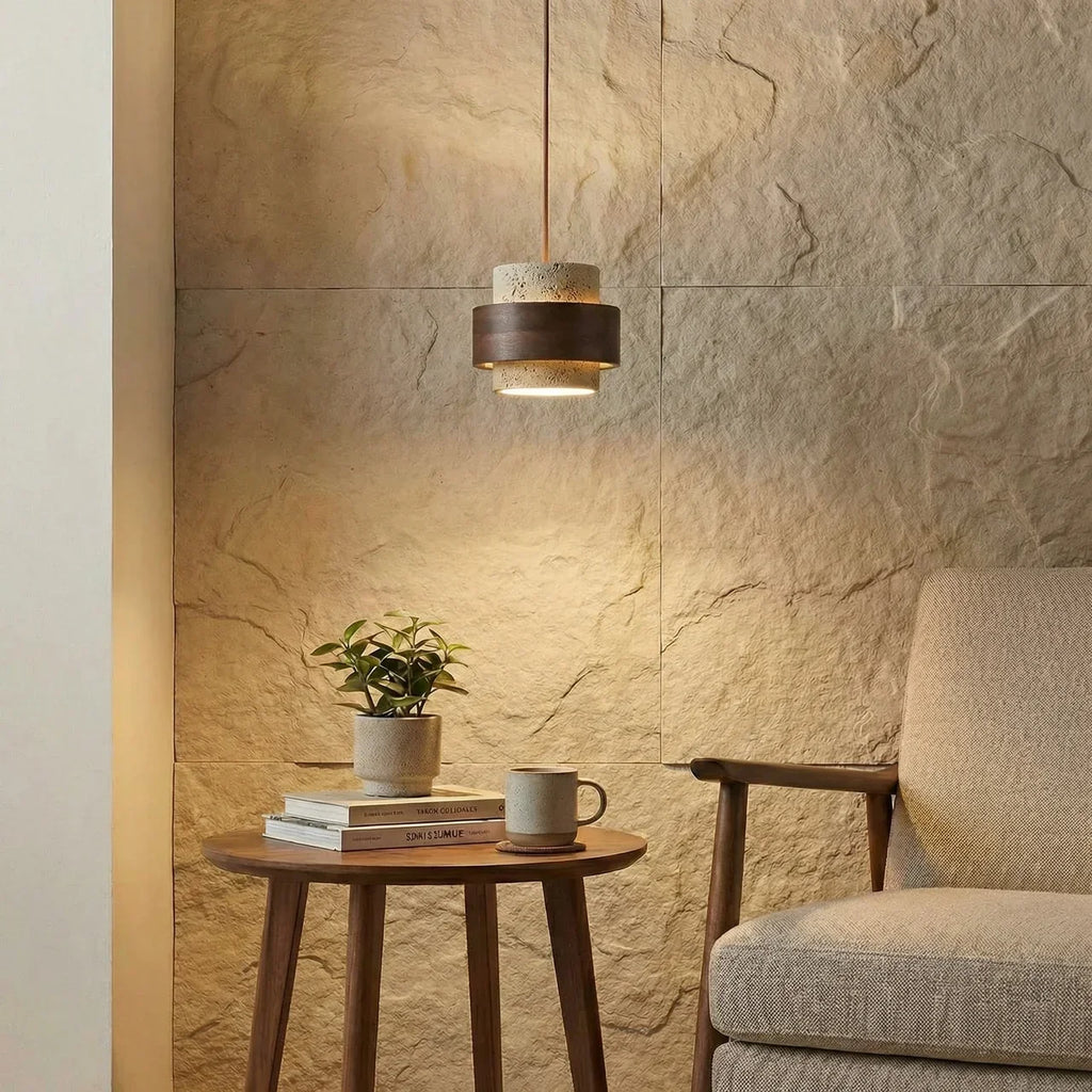 Travertin Holz Pendelleuchte - Moderne organische Hängeleuchte für Wohnzimmer | Souliia