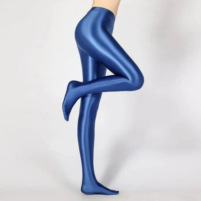 Glansiga ogenomskinliga glänsande strumpbyxor med hög midja — elastiska smala leggings