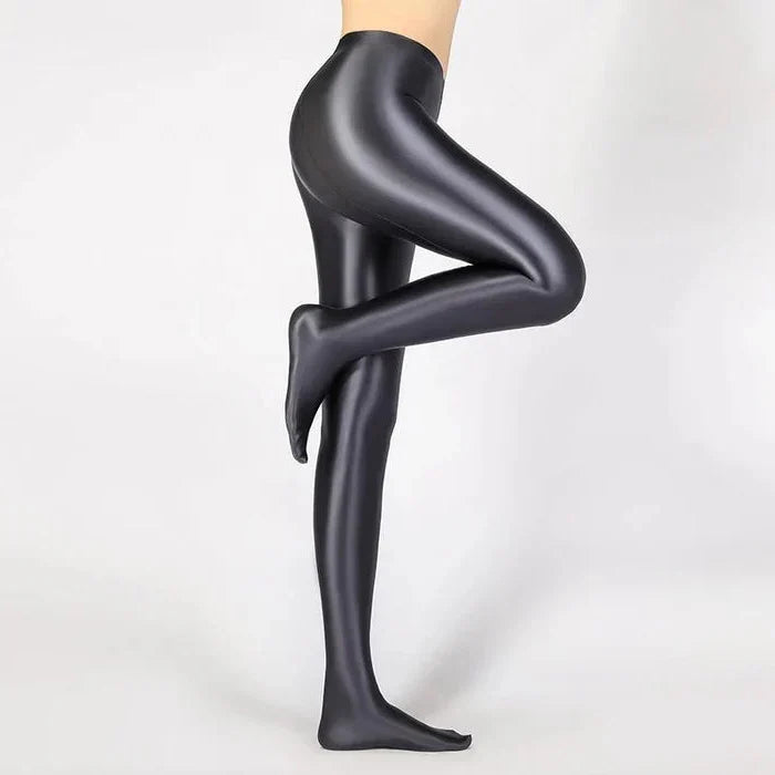 Glansiga ogenomskinliga glänsande strumpbyxor med hög midja — elastiska smala leggings