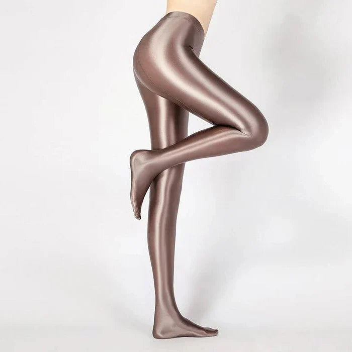 Glansiga ogenomskinliga glänsande strumpbyxor med hög midja — elastiska smala leggings