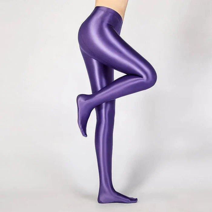 Glansiga ogenomskinliga glänsande strumpbyxor med hög midja — elastiska smala leggings