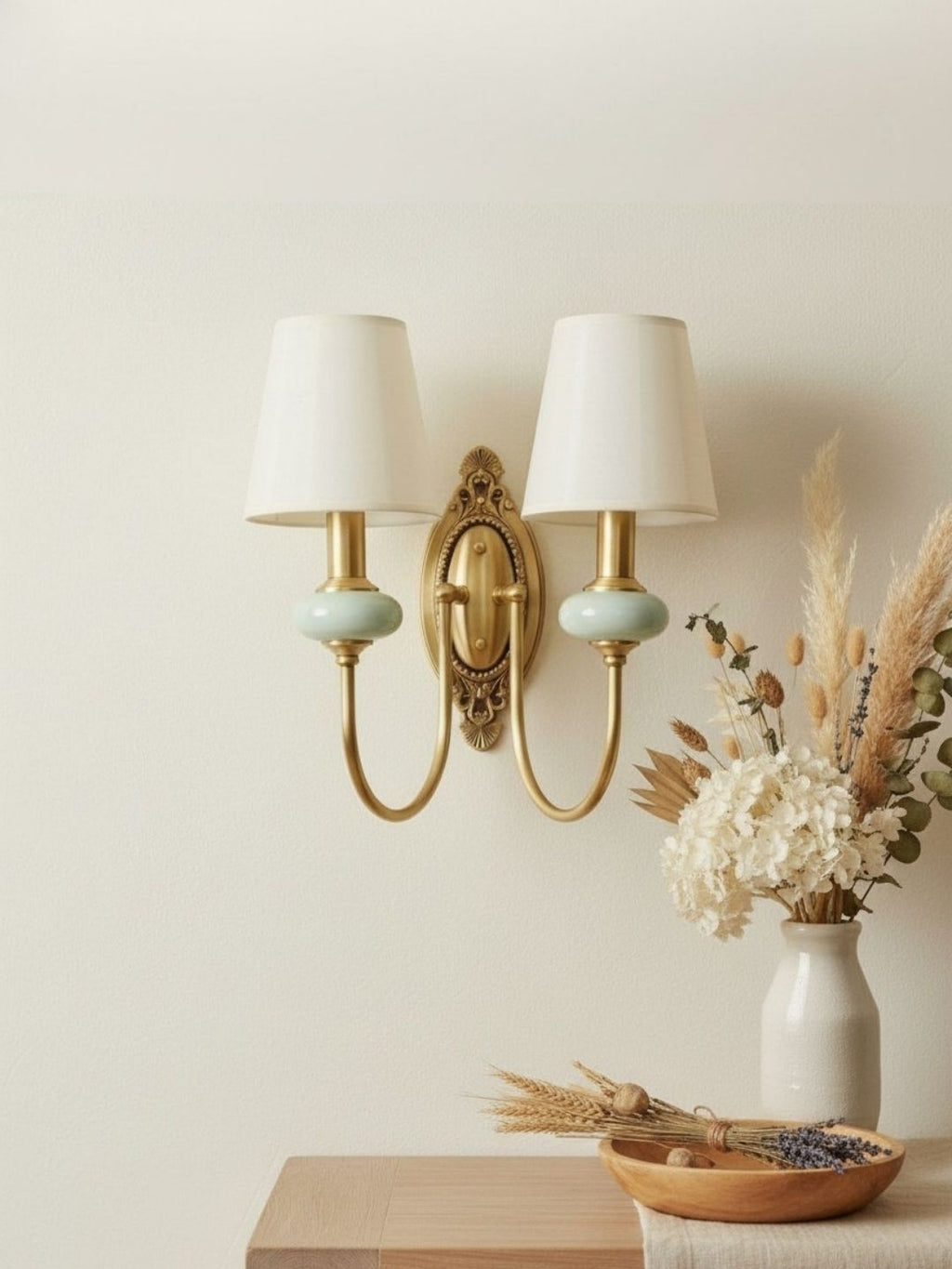 Rowan Classic Fabric Shade Sconce – Ceramic Wall Light for Hallway or Bedroom | Souliia