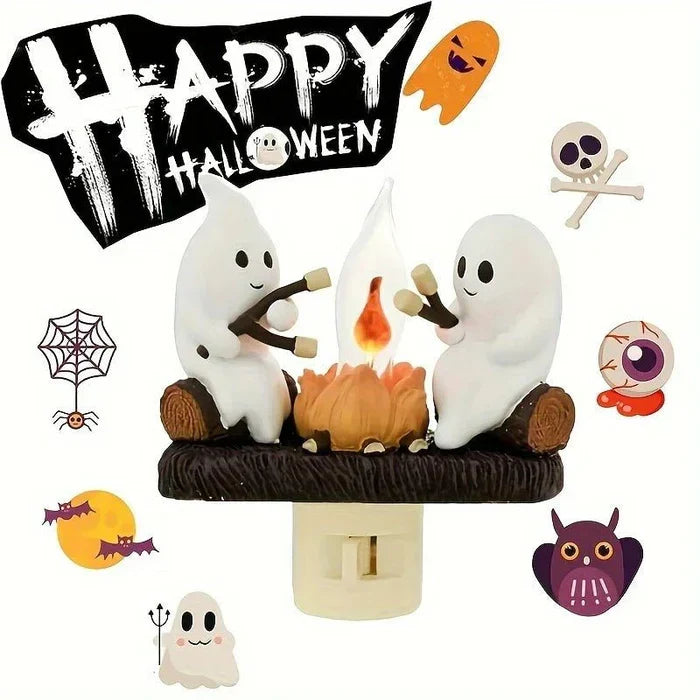 Luz noturna de fantasma de Halloween — Decoração com chama de fogueira tremeluzente