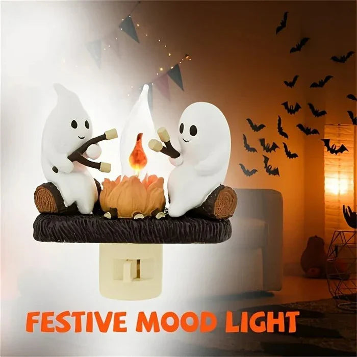 Luz noturna de fantasma de Halloween — Decoração com chama de fogueira tremeluzente