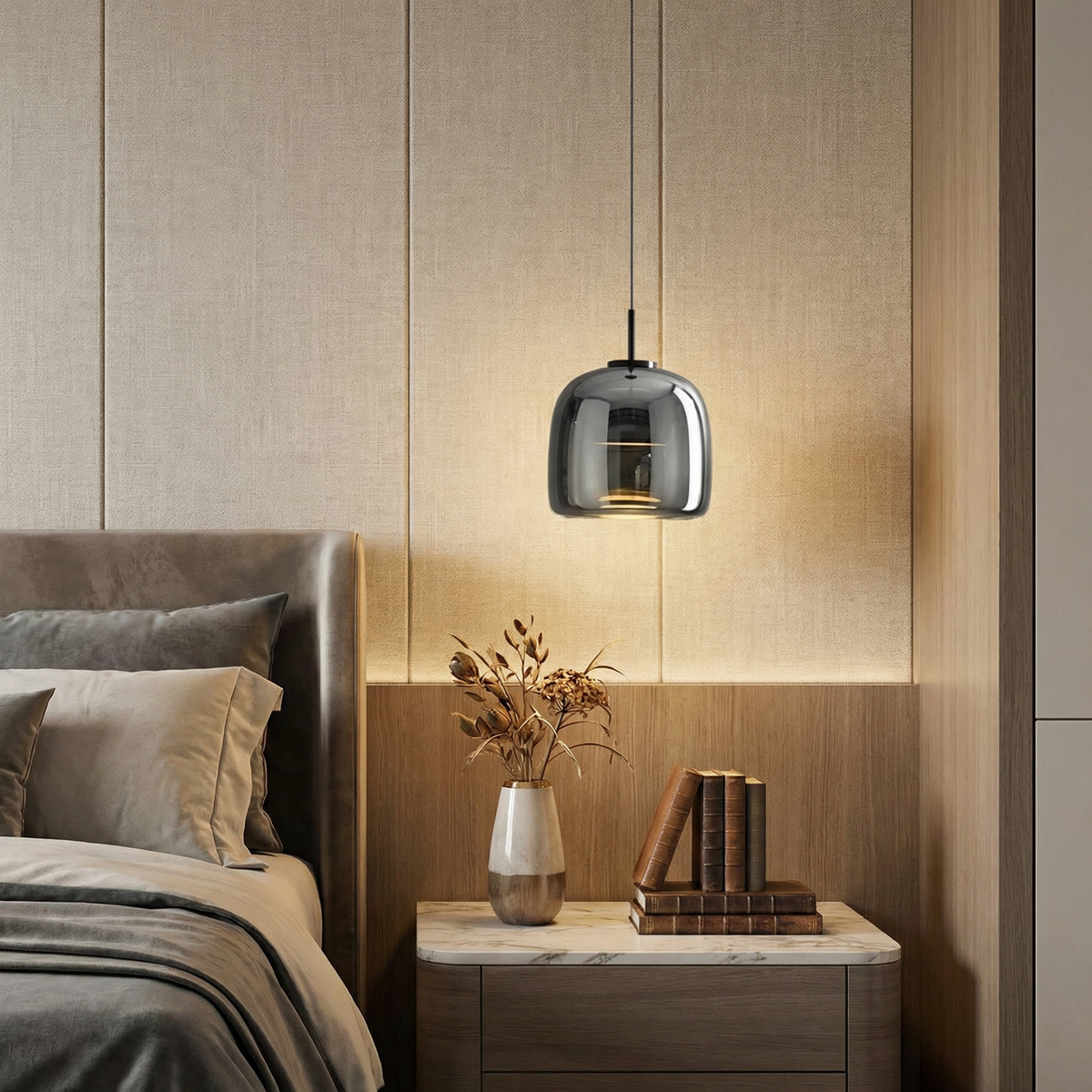 LumenGlow Smoky Gray Glass Pendant Lamp — Modern Hanging Design