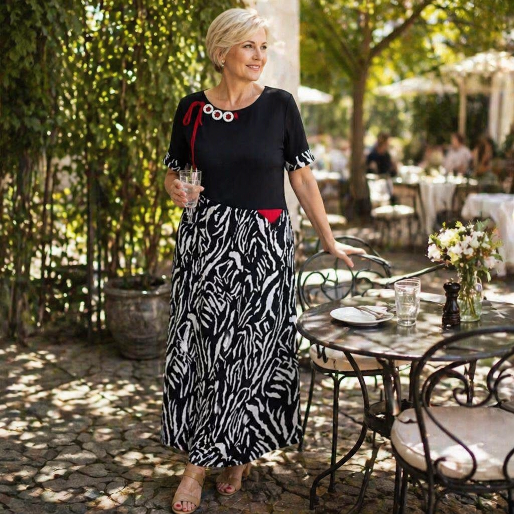VeraNite – Robe longue audacieuse à motifs patchwork zébrés avec détail rouge - Souliia