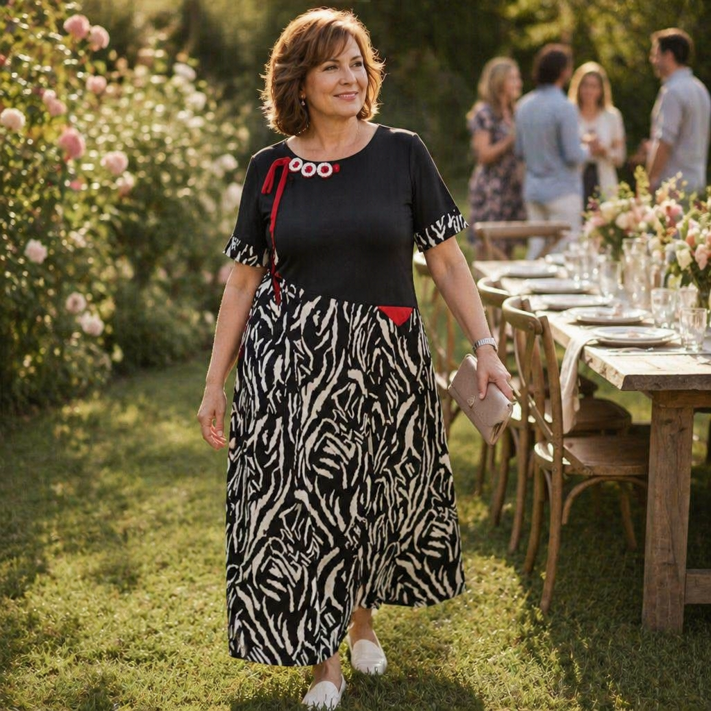 VeraNite – Robe longue audacieuse à motifs patchwork zébrés avec détail rouge - Souliia