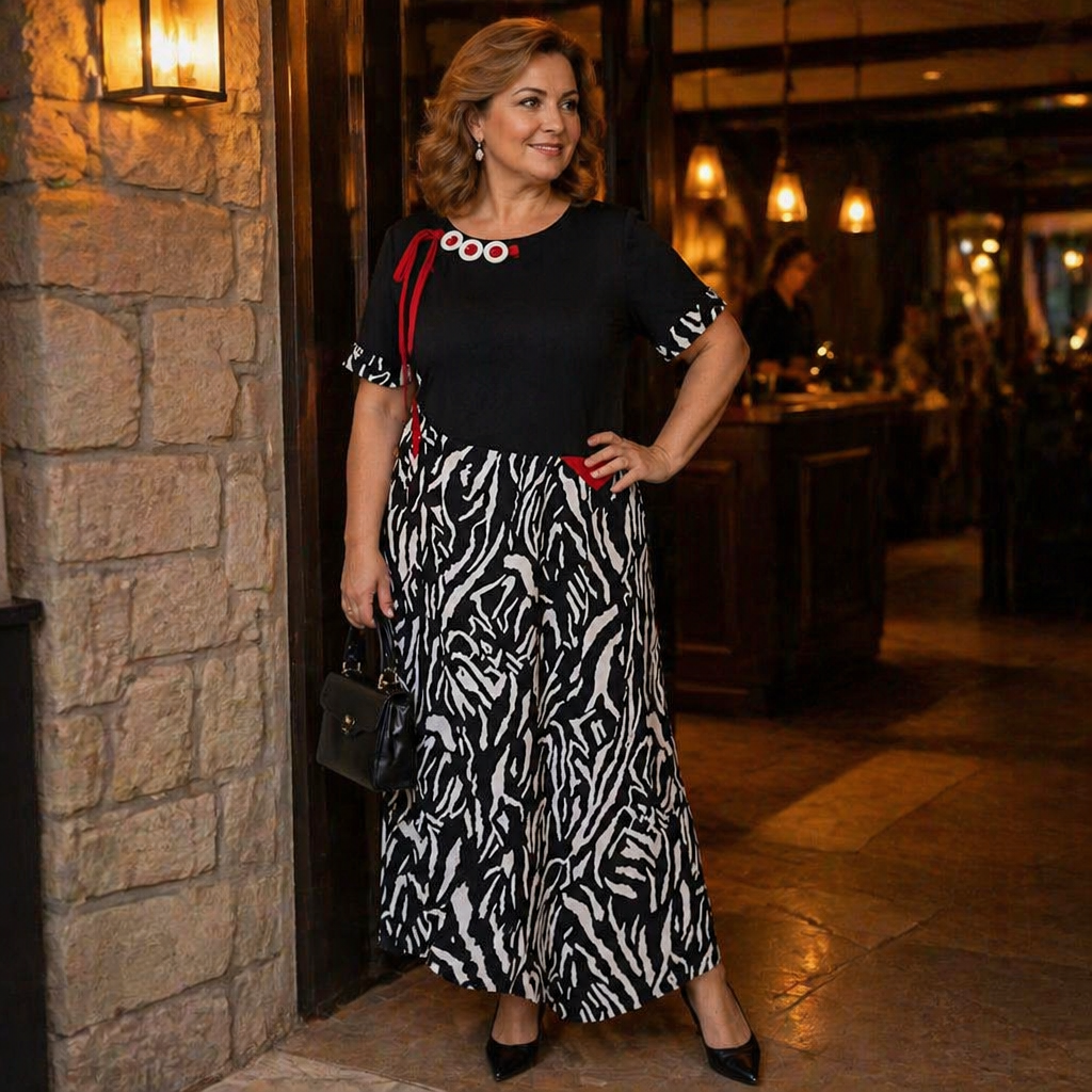 VeraNite – Robe longue audacieuse à motifs patchwork zébrés avec détail rouge - Souliia