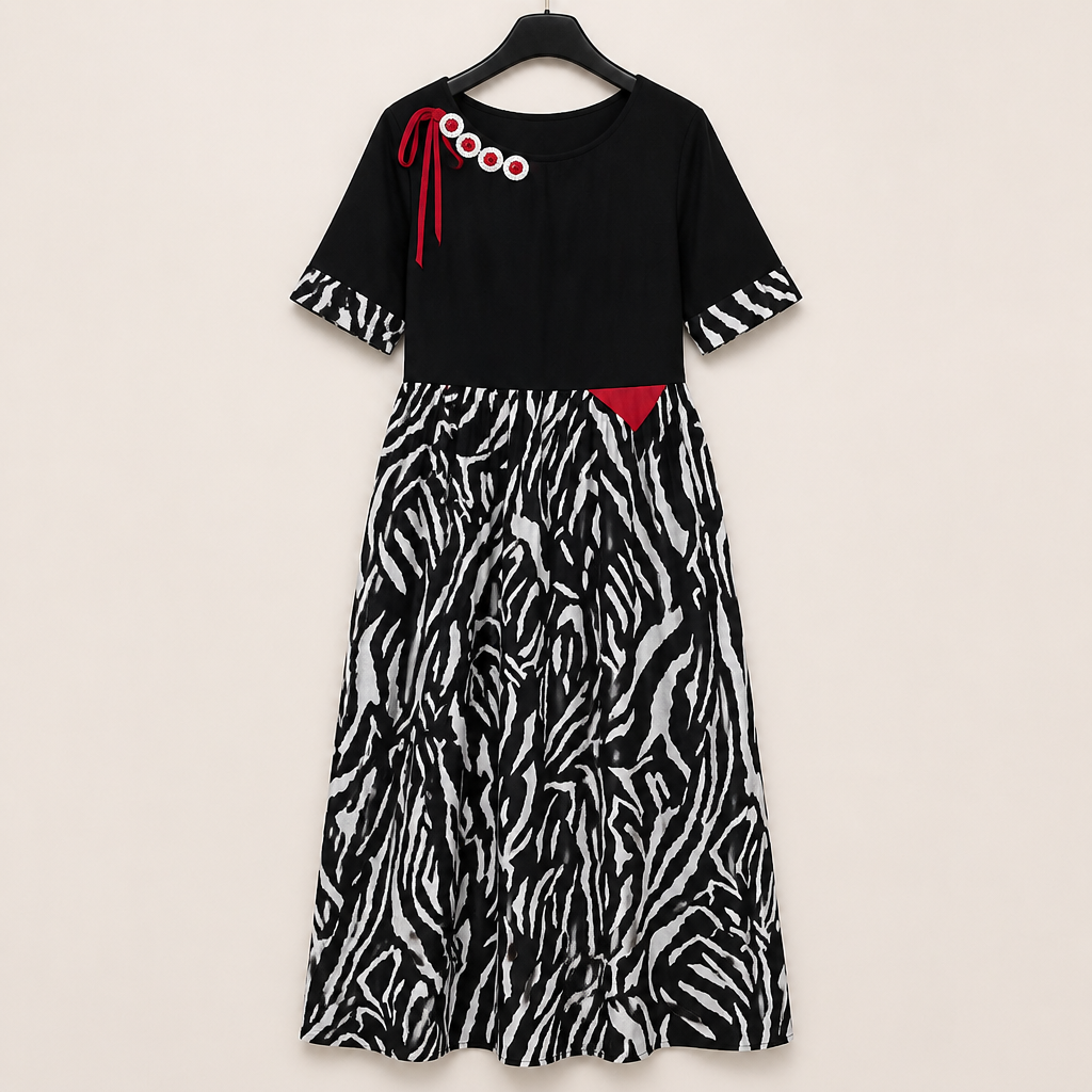VeraNite – Robe longue audacieuse à motifs patchwork zébrés avec détail rouge - Souliia