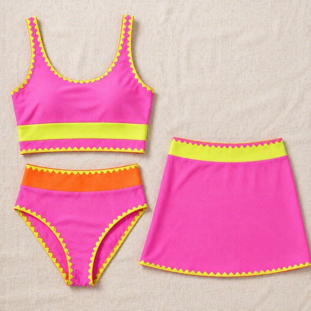 VelaAura – Bold Colorblock 3-Piece Sport Bikini & Swim Skirt Set - Souliia
