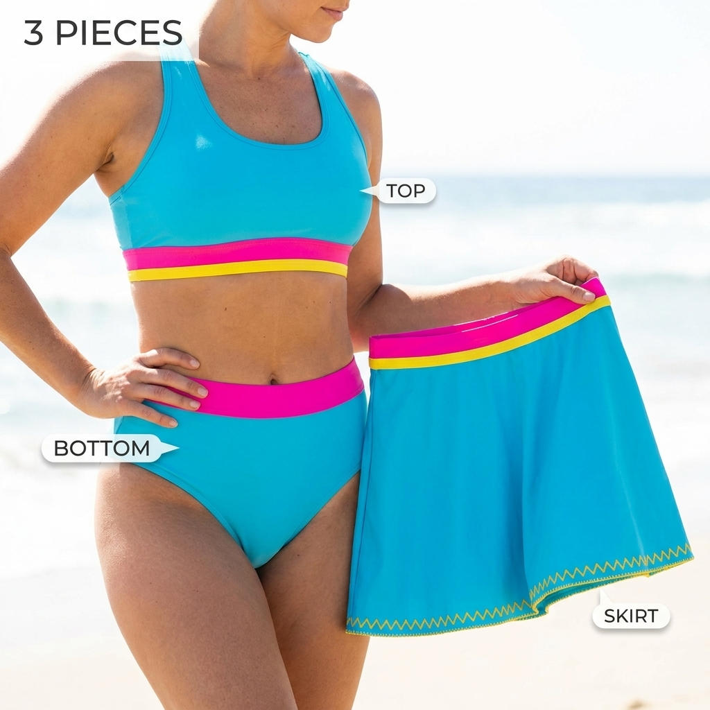 VelaAura – Bold Colorblock 3-Piece Sport Bikini & Swim Skirt Set - Souliia