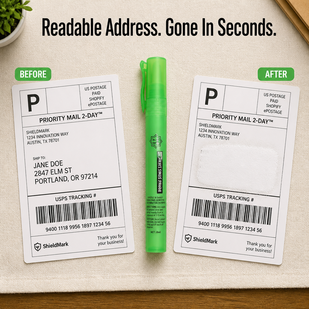 ShieldMark — Spray Names, Addresses & Barcodes Off Any Shipping Label - Souliia