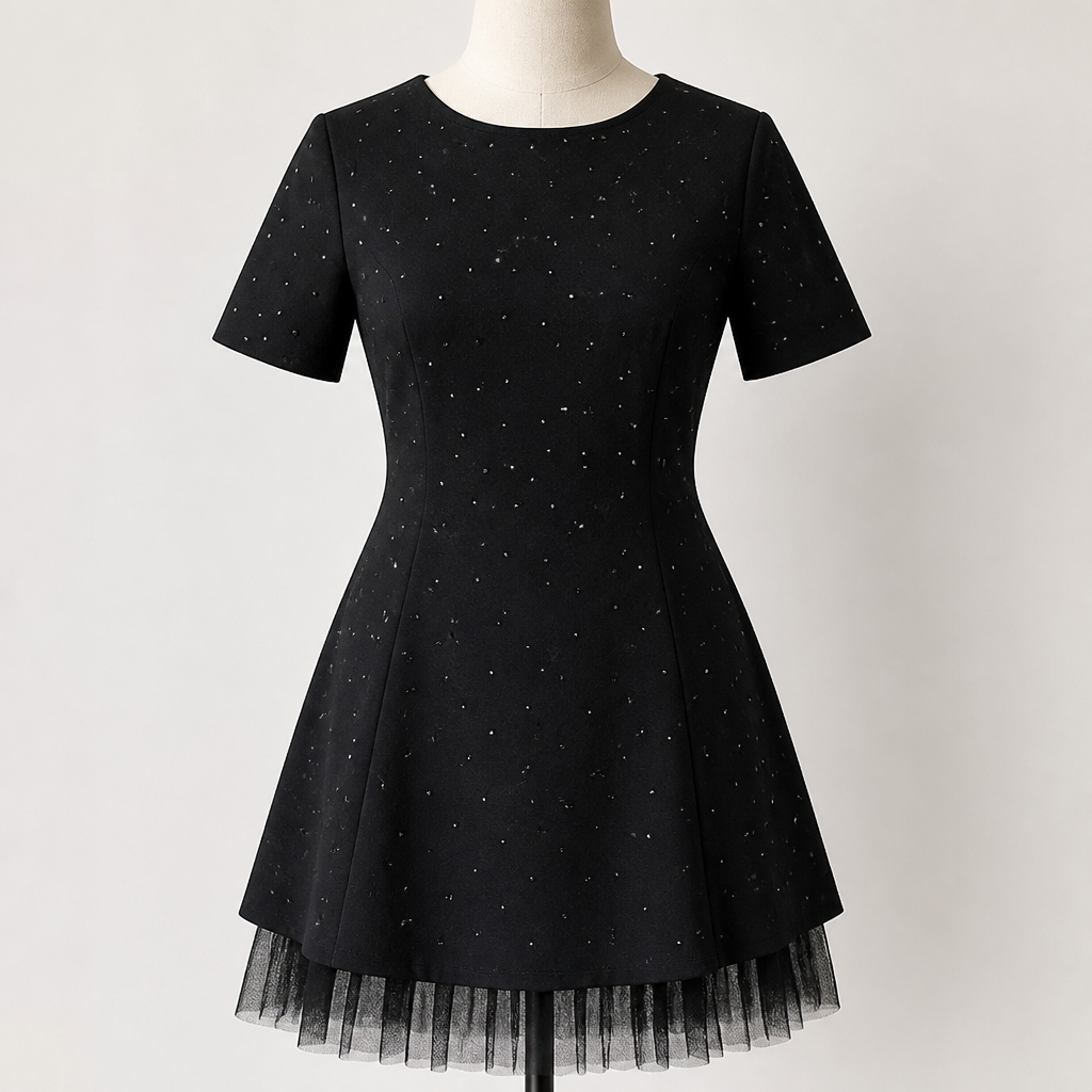 VeroLux – Rhinestone-Dotted Mini Dress with Layered Tulle Hem - Souliia