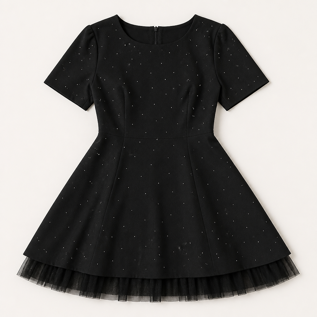 VeroLux – Rhinestone-Dotted Mini Dress with Layered Tulle Hem - Souliia