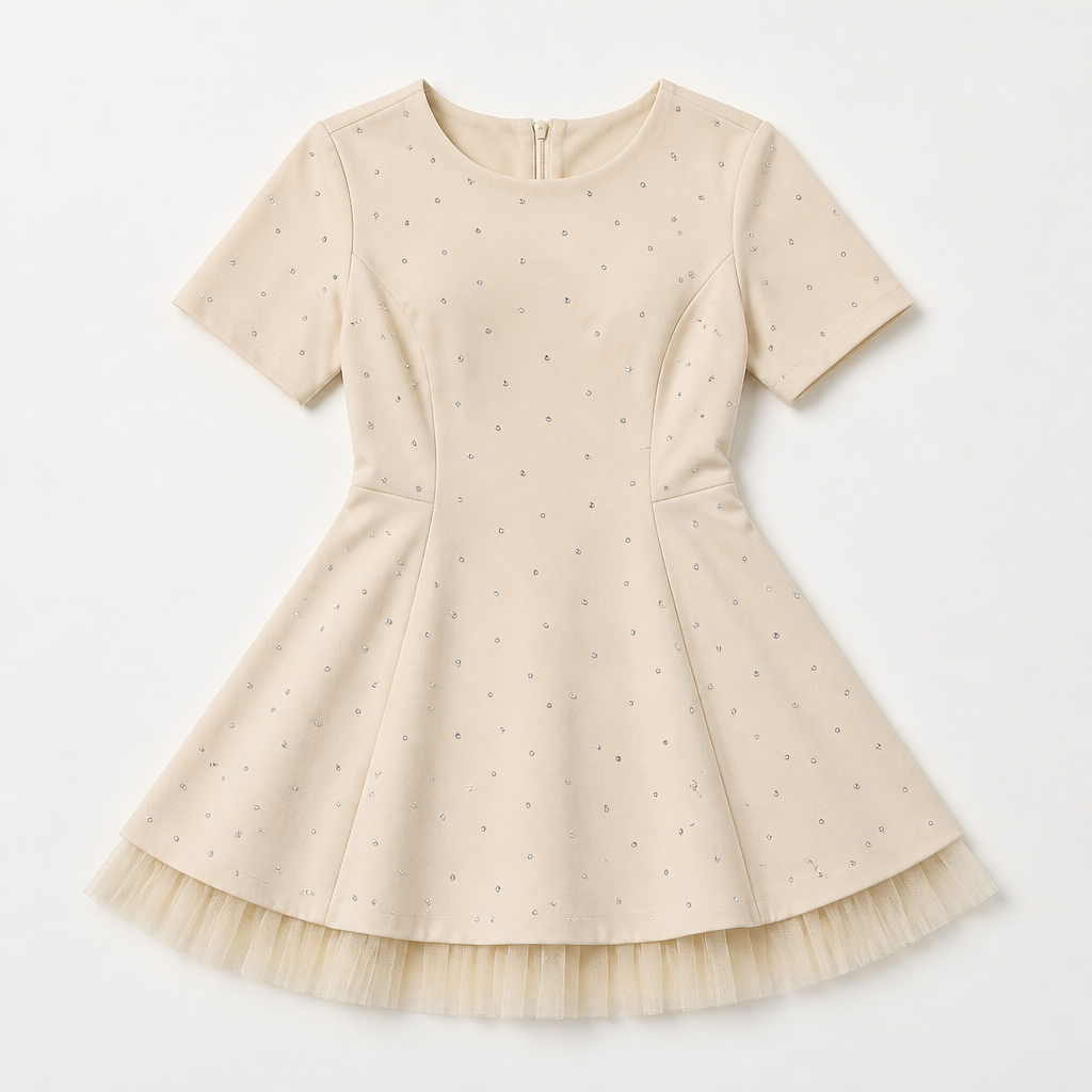 VeroLux – Rhinestone-Dotted Mini Dress with Layered Tulle Hem - Souliia