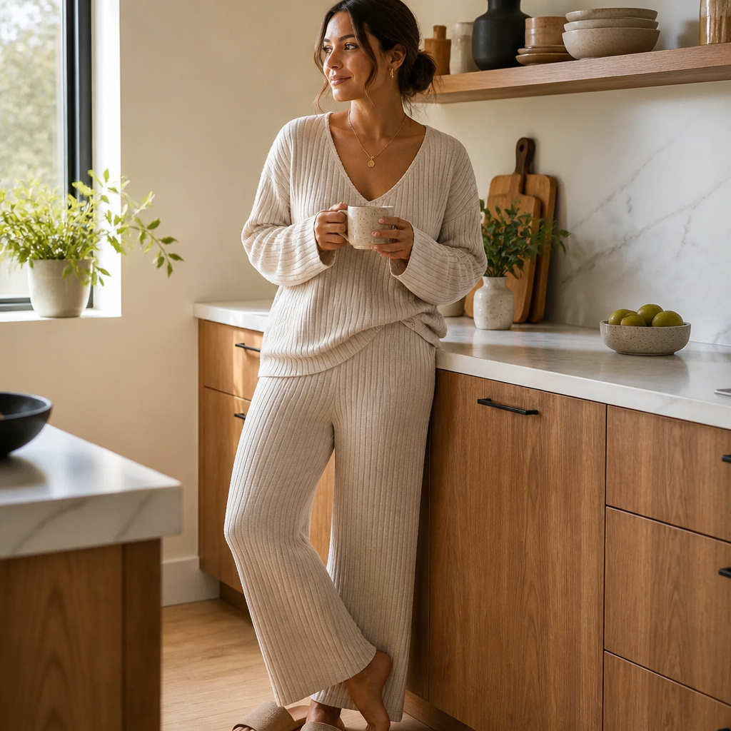 Serelis – Soft Ribbed V-Neck Lounge Set with Wide-Leg Pants - Souliia