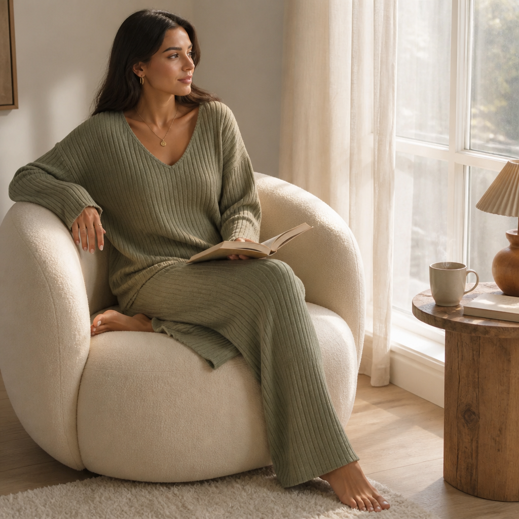 Serelis – Soft Ribbed V-Neck Lounge Set with Wide-Leg Pants - Souliia