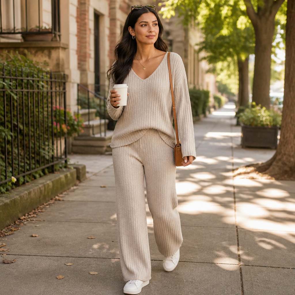 Serelis – Soft Ribbed V-Neck Lounge Set with Wide-Leg Pants - Souliia