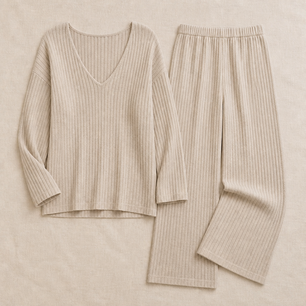 Serelis – Soft Ribbed V-Neck Lounge Set with Wide-Leg Pants - Souliia