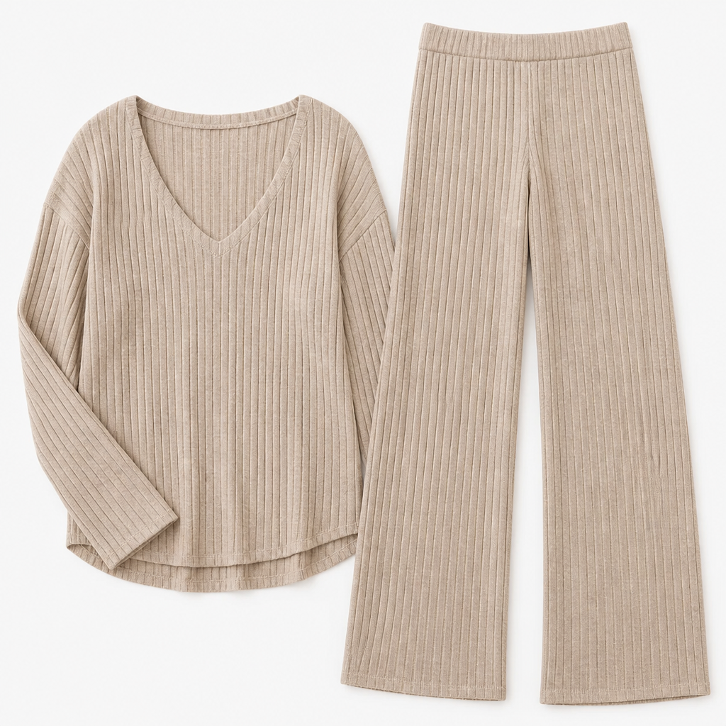 Serelis – Soft Ribbed V-Neck Lounge Set with Wide-Leg Pants - Souliia