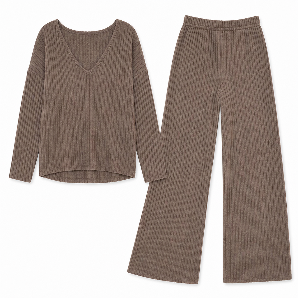 Serelis – Soft Ribbed V-Neck Lounge Set with Wide-Leg Pants - Souliia