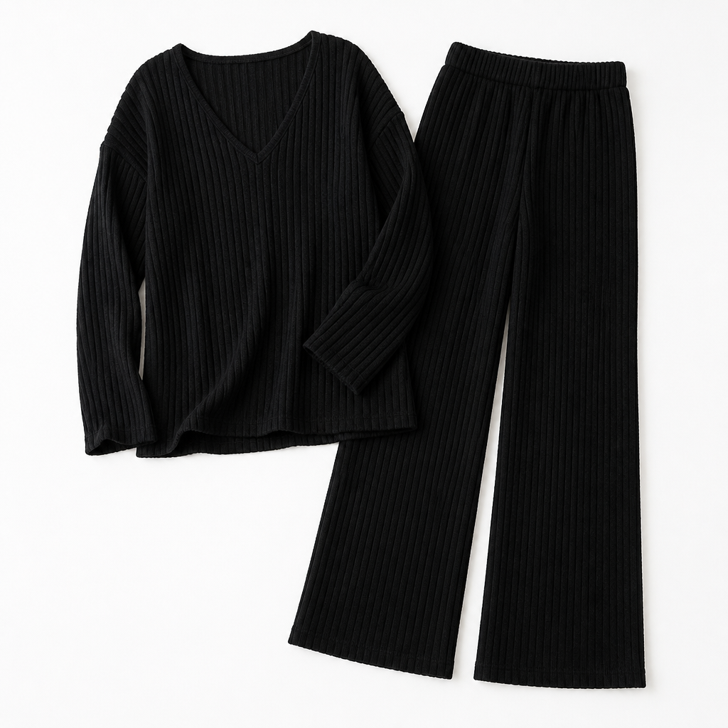 Serelis – Soft Ribbed V-Neck Lounge Set with Wide-Leg Pants - Souliia