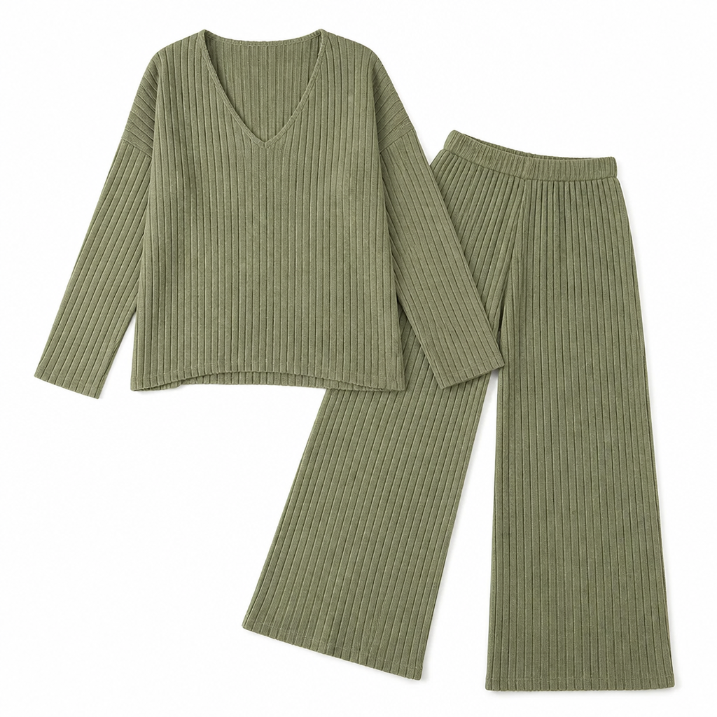 Serelis – Soft Ribbed V-Neck Lounge Set with Wide-Leg Pants - Souliia