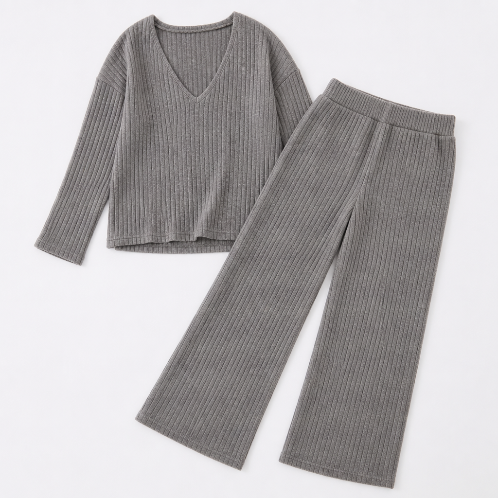Serelis – Soft Ribbed V-Neck Lounge Set with Wide-Leg Pants - Souliia
