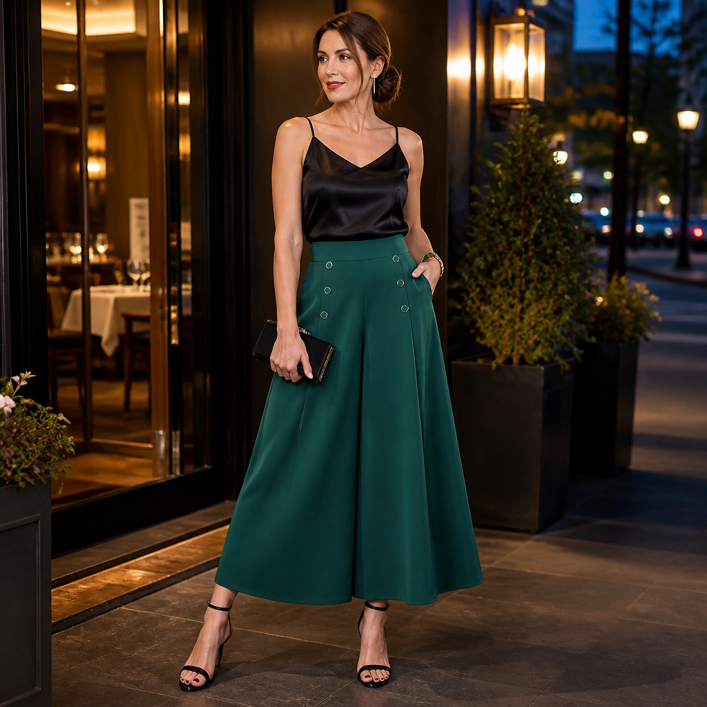 VeroLuxe – Flowy Pleated Wide-Leg Pants with Side Button Detail - Souliia