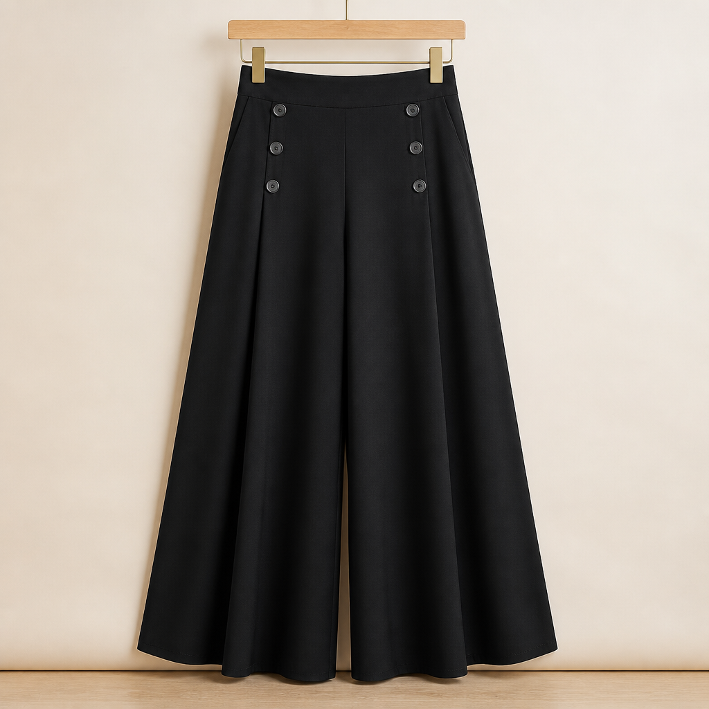 VeroLuxe – Flowy Pleated Wide-Leg Pants with Side Button Detail - Souliia
