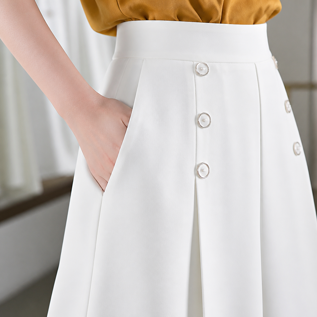 VeroLuxe – Flowy Pleated Wide-Leg Pants with Side Button Detail - Souliia