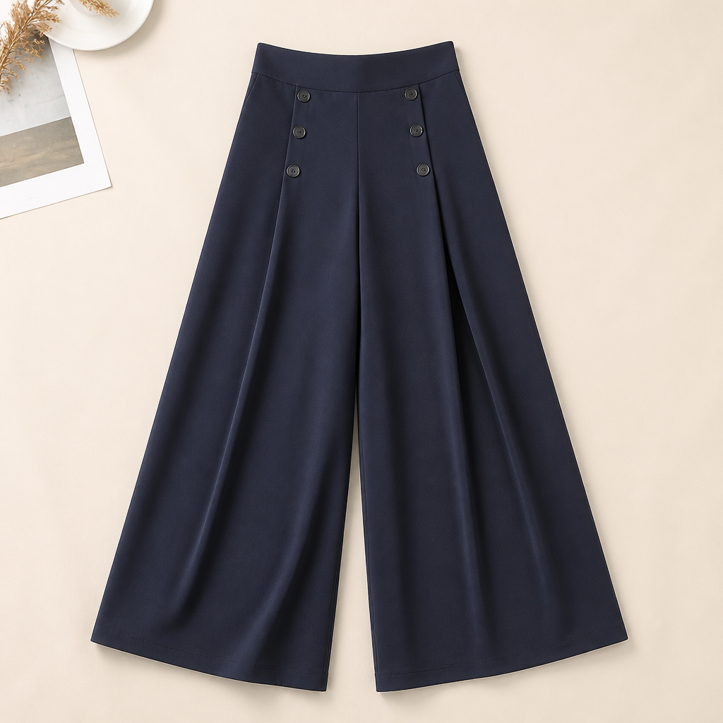 VeroLuxe – Flowy Pleated Wide-Leg Pants with Side Button Detail - Souliia