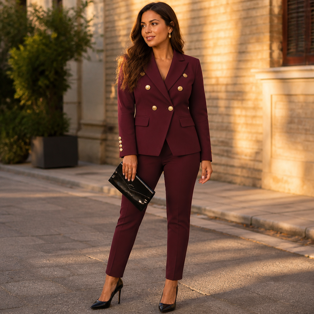 VeroLuxe – Tailored Double-Breasted Blazer Set with Gold Buttons - Souliia
