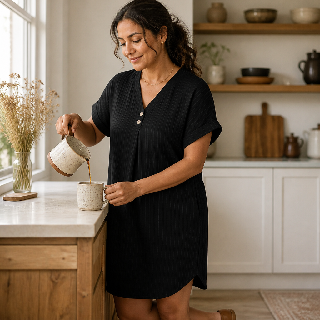 Veloria – Relaxed Ribbed V-Neck Shift Dress with Button Detail - Souliia