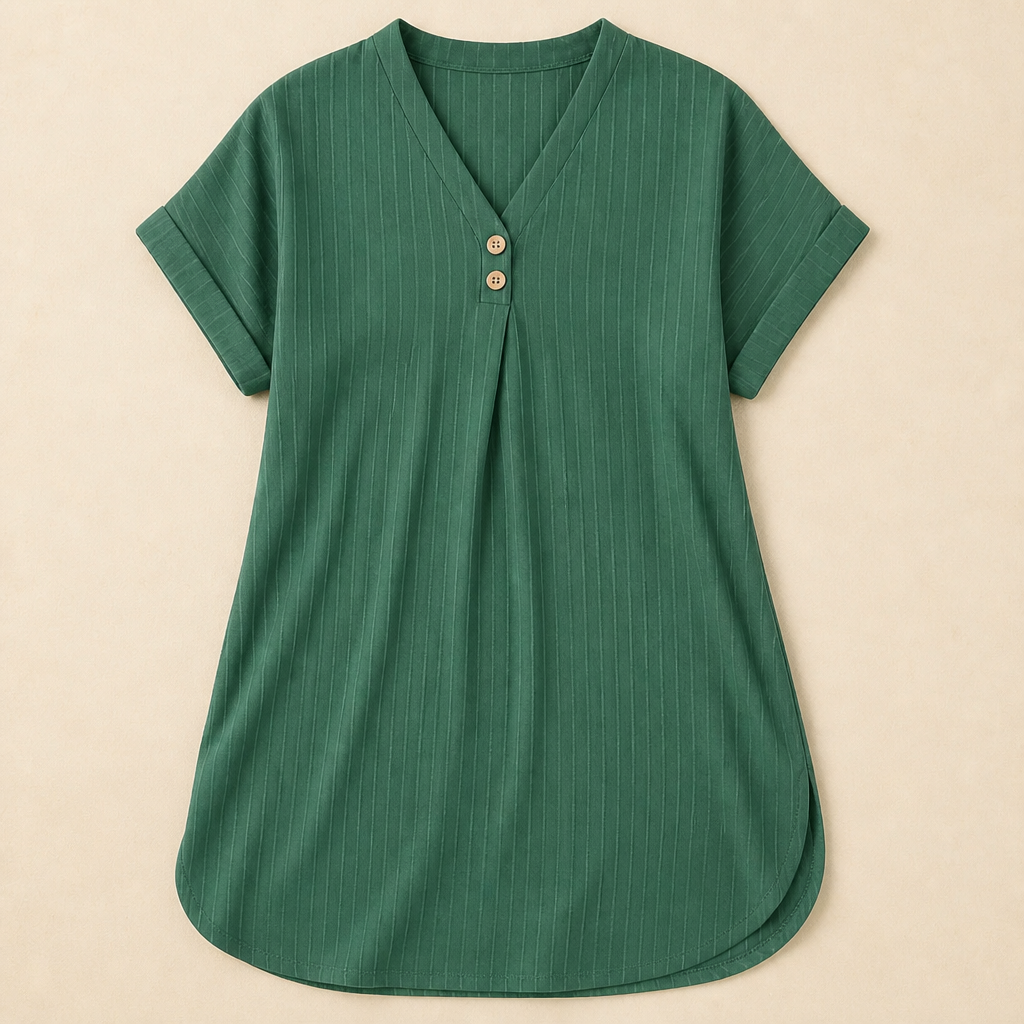 Veloria – Relaxed Ribbed V-Neck Shift Dress with Button Detail - Souliia