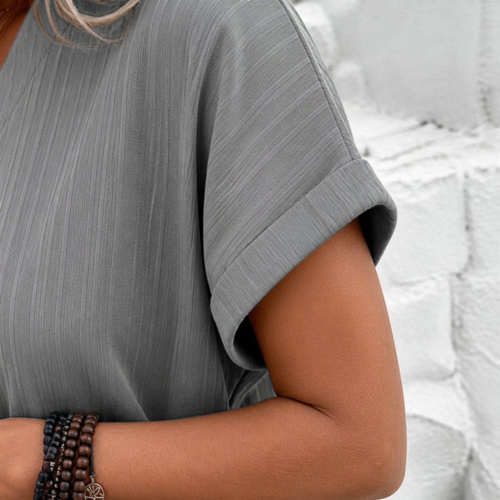 Veloria – Relaxed Ribbed V-Neck Shift Dress with Button Detail - Souliia
