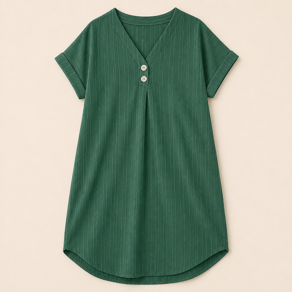 Veloria – Relaxed Ribbed V-Neck Shift Dress with Button Detail - Souliia