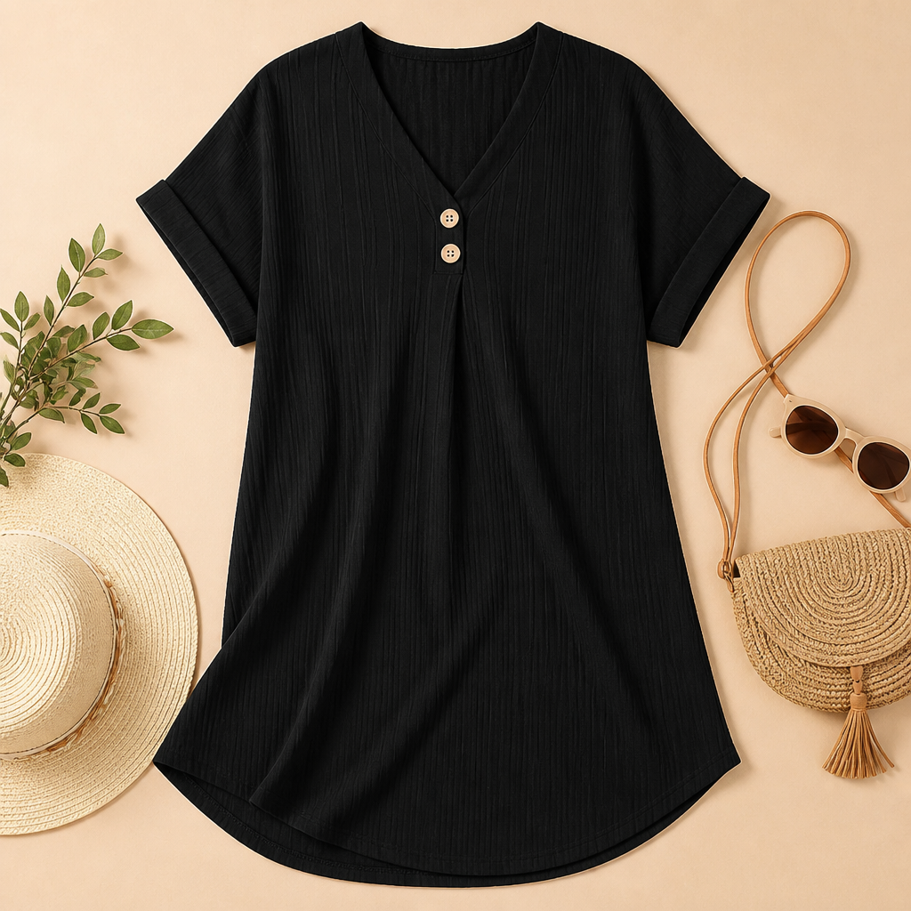 Veloria – Relaxed Ribbed V-Neck Shift Dress with Button Detail - Souliia