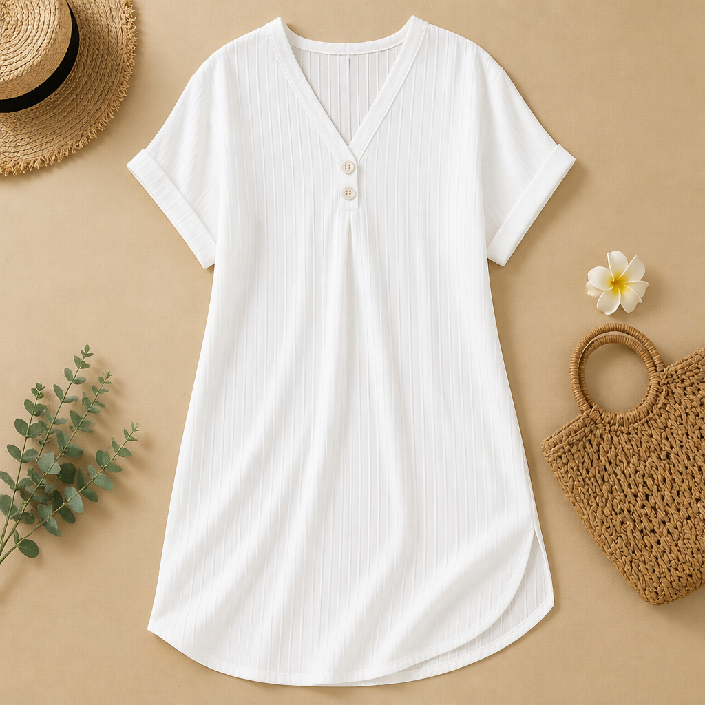 Veloria – Relaxed Ribbed V-Neck Shift Dress with Button Detail - Souliia