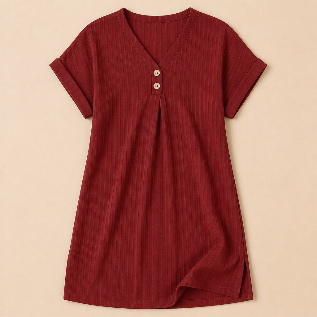 Veloria – Relaxed Ribbed V-Neck Shift Dress with Button Detail - Souliia