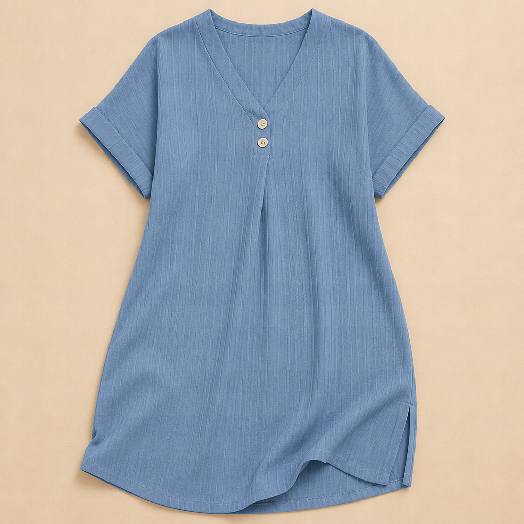Veloria – Relaxed Ribbed V-Neck Shift Dress with Button Detail - Souliia